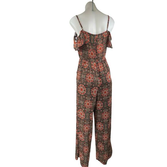 Xhilaration Multicolor Floral Cold Shoulder Ruffle Cutout Wide Leg Jumpsuit Sz M - Picture 2 of 5
